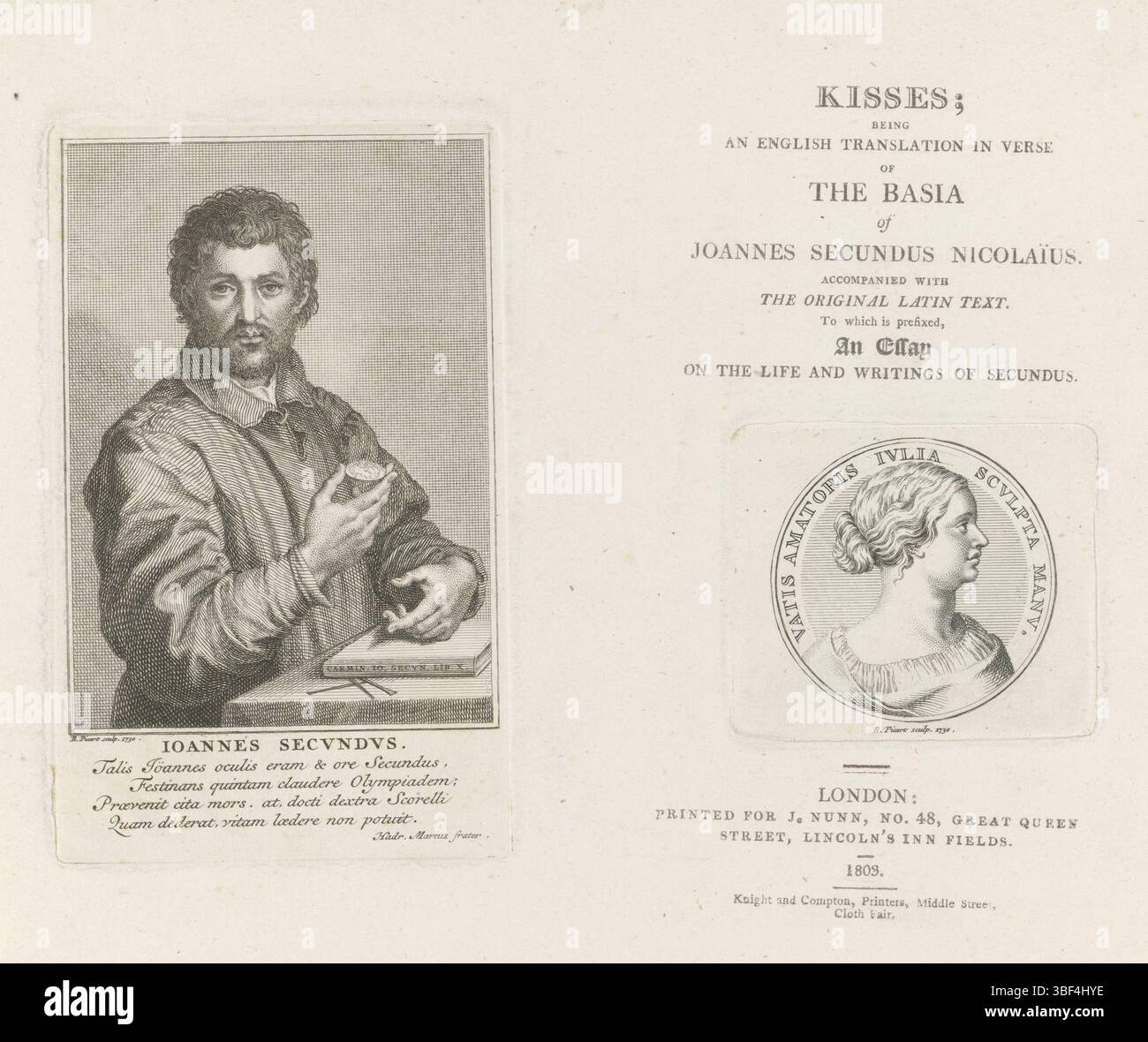 Hadrianus Marius, Amsterdam, Picart, Bernard, Homepage: J. Secundus, Kisses, 1809, Porträt von Janus Secundus und Medaillon mit dem Porträt von Julia, verso - gestempelt, Titelseite mit dem Porträt des Schriftstellers Janus Secundus. In der Hand hält er ein Medaillon mit dem Porträt von Julia, seiner ersten großen Liebe, über die er diese Liebesberühmtheit schrieb. Rechts der Titel und der Abdruck in englischer Sprache und das Medaillon mit dem Porträt von Julia., Druck, Titelseite, Drucke, Höhe 174 mm, Breite 202 mm, Höhe 122 mm, Breite 76 mm, Höhe 52 mm, Breite 61 mm, North-Nederlands, 11.06.1673 - 08.05.1733, S Stockfoto