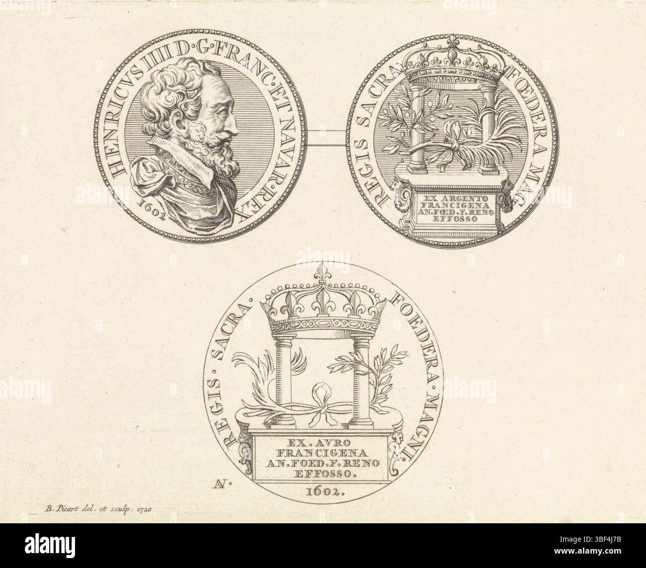Picart, Bernard, Amsterdam, Picart, Penning mit dem Porträt Heinrichs IV., verso oben - gestempelt, König von Frankreich und Navarra. Auf der anderen Seite eine emblematische Darstellung, die sich auf die Allianz Frankreichs mit den Schweizern im Jahr 1602 bezieht. Unter derselben emblematischen Darstellung., Druck, Höhe 110 mm, Breite 142 mm, Nordholland, 11.06.1673 - 08.05.1733, Druckerei, 1720 - 17200, 1. Quartal 18. Jahrhundert, Papier, Gravur, Ätzen, Nordholland, fortgeschrittener Zeichner Stockfoto