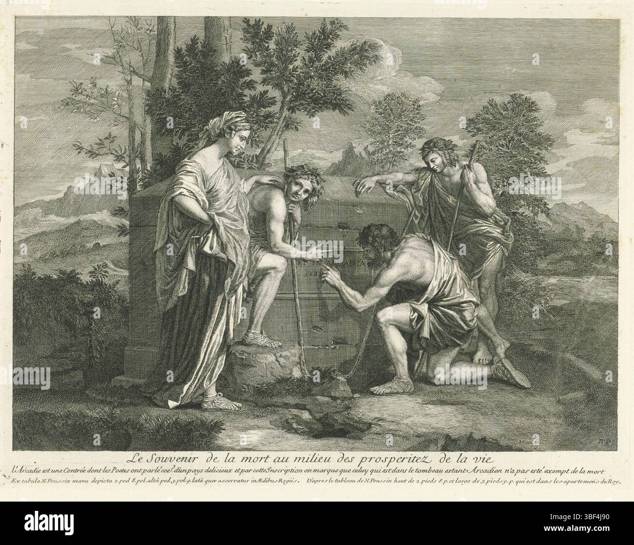 Poussin, Nicolas, Paris, Picart, Bernard, Le Souvenir de la mort au milie des prosperitez de la vie, Landschaft mit Hirten an antiken Sarkophagen, verso links unter - gestempelt, Landschaft mit drei Hirten und einer Frau. Sie entdecken einen alten Sarkophag mit der lateinischen Inschrift „et in Arcadia Ego“. Am Rand eine Beschriftung auf Französisch. Unter einer Unterschrift in lateinischer und französischer Sprache, Druck, Höhe 260 mm, Breite 387 mm, Nordholländisch, 11.06.1673 - 08.05.1733, Druckerei, 1694 - 1694, 4. Quartal 17. Jahrhundert, Papier, Ätzen, Gravieren, Gravieren (Druckverfahren), Französisch, 1594-06 - 1665-1 Stockfoto