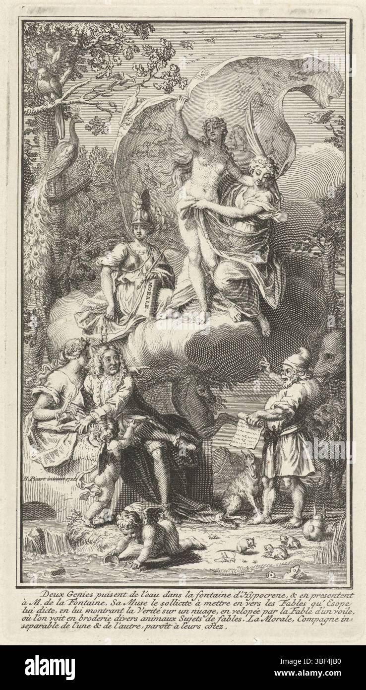 Amsterdam, Picart, Bernard, Amsterdam, Homepage für: J. de La Fontaine, Fables choisies, 1722, allegorische Titelseite mit dem Schriftsteller Jean de La Fontaine und seiner Muse, rückseitig rechts - gestempelt, schreibt der Schriftsteller Jean de La Fontaine in einem Buch und wird von seiner Muse begleitet. Ein Putto bringt ihm ein Nickerchen Wasser aus dem Hippocrene, dem Fluss auf dem Helicon und der Quelle poetischer Inspiration. Er sieht den griechischen Fabelautor Aesop, der mit einer Wolke aus Wahrheit und Fabel in den Himmel zeigt. Darüber eine Leinwand mit verschiedenen Fabeln. Am Rand eine fünfzeilige Beschriftung auf Französisch., Druck, Titel pag Stockfoto