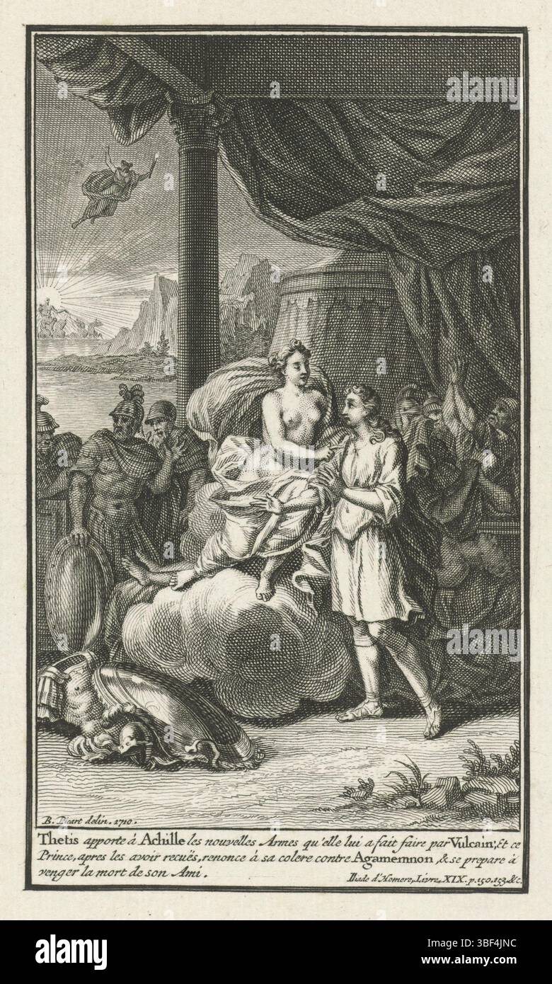 Amsterdam, Picart, Bernard, Amsterdam, Thetis übergibt Achilles seine neue Rüstung, rückseitig links unten - gestempelt, bringt Thetis ihrem Sohn Achilles seine neue Rüstung, die Vulcanus ihm auf Wunsch machte. Jetzt kann er den Tod seines Freundes Patroclus rächen. Am Rand eine Beschriftung in Französisch., Druck, Buchabbildung, Drucke, Höhe 186 mm, Breite 123 mm, Noord-Nederlands, 1673-06-11-1733-05-08, Druckmaschine, 1710-1710, 1. Quartal 18. Jahrhundert, Papier, Ätzen, Gravieren, Gravieren (Druckverfahren), Nord-Niederlande, mittlerer Zugmann Stockfoto