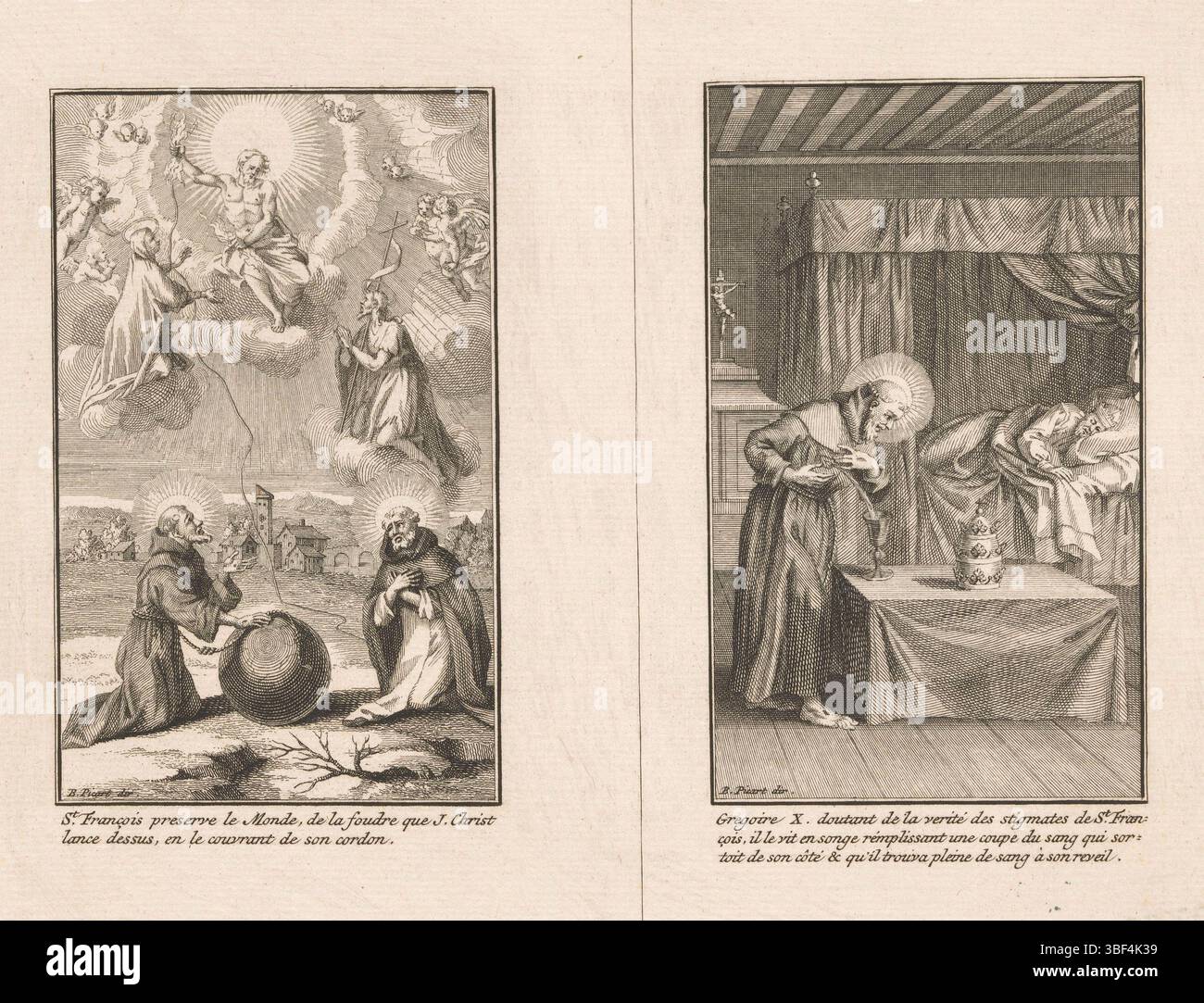 Amsterdam, Picart, Bernard, Amsterdam, Szenen aus dem Leben des Heiligen Franziskus von Assisi, direkt darunter - handgeschrieben in brauner Tinte, Blatt mit vier Buchillustrationen, die Szenen aus dem Leben des Heiligen Franziskus von Assisi darstellen. Im Moment: Franziskus empfängt die Stigmata, Christus erscheint Franziskus, Franziskus beschützt die Welt vor dem Blitz, den Christus aus dem Himmel wirft und Papst Gregor X träumt, dass Franziskus das Blut aus seiner Wunde in einen Becher nimmt., Druck, Buchillustration, Drucke, rückseitig links - gestempelt, 161., Höhe 334 mm, Breite 217 mm, Nordholländisch, 11. Juni 1673 - 1733 Stockfoto