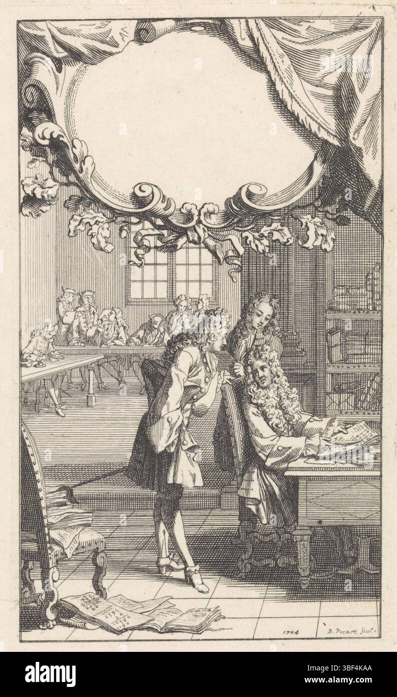 Paris, Picart, Bernard, Homepage mit Männern bei der Studie, Paris, hinten rechts unten - gestempelt, Männer studieren in einem Hörsaal der Akademie der Wissenschaften. Über der Performance eine leere Kartusche, drucken, Titelseite, drucken, Höhe 150 mm, Breite 89 mm, Noord-Nederlands, 1673-06-11-1733-05-08, Druckmaschine, 1704-1704, 1. Quartal 18. Jahrhundert, Papier, Ätzen, Gravieren, Gravieren (Druckverfahren) Stockfoto