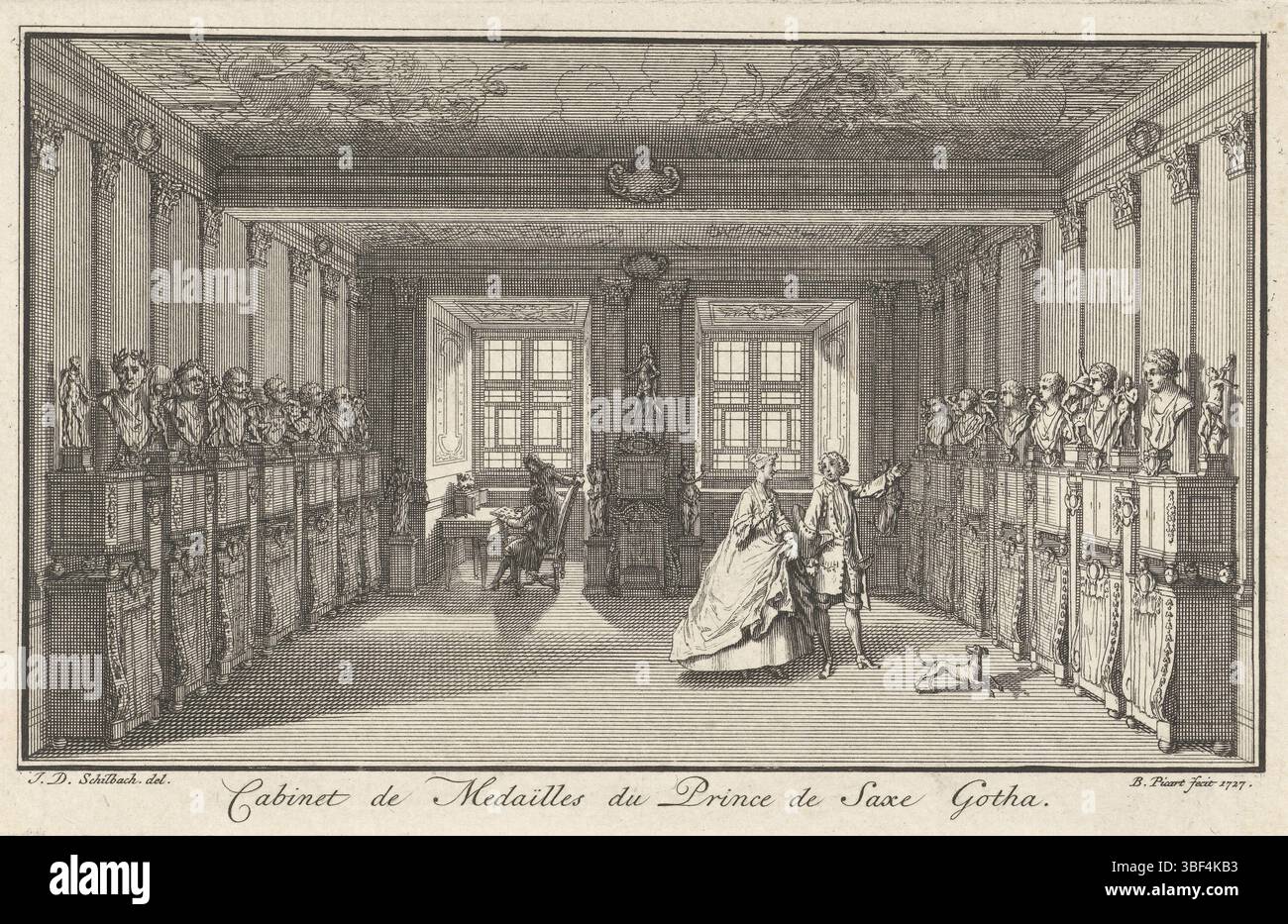 Schilbach, J.D., Amsterdam, Picart, Bernard, Cabinet de Medailles du Prince de Sachsen Gotha, der Penny Cabinet von Johan Willem, Herzog von Sachsen-Gotha, links unten links - gestempelt, Ein Mann führt eine Frau entlang Porträtbüsten, die entlang der Wände des Penny Cabinet von Johan Willem, Herzog von Sachsen-Gotha angeordnet sind., Druck, Höhe 103 mm, Breite 162 mm, North-Nederlands, 1673 11.06.2008 - 1733-05-08, Druckerei, 1727-1727, zweites Viertel 18. Jahrhundert, Papier, Ätzen, Gravieren, Druckverfahren), zwischengeschalteter Zeichner Stockfoto