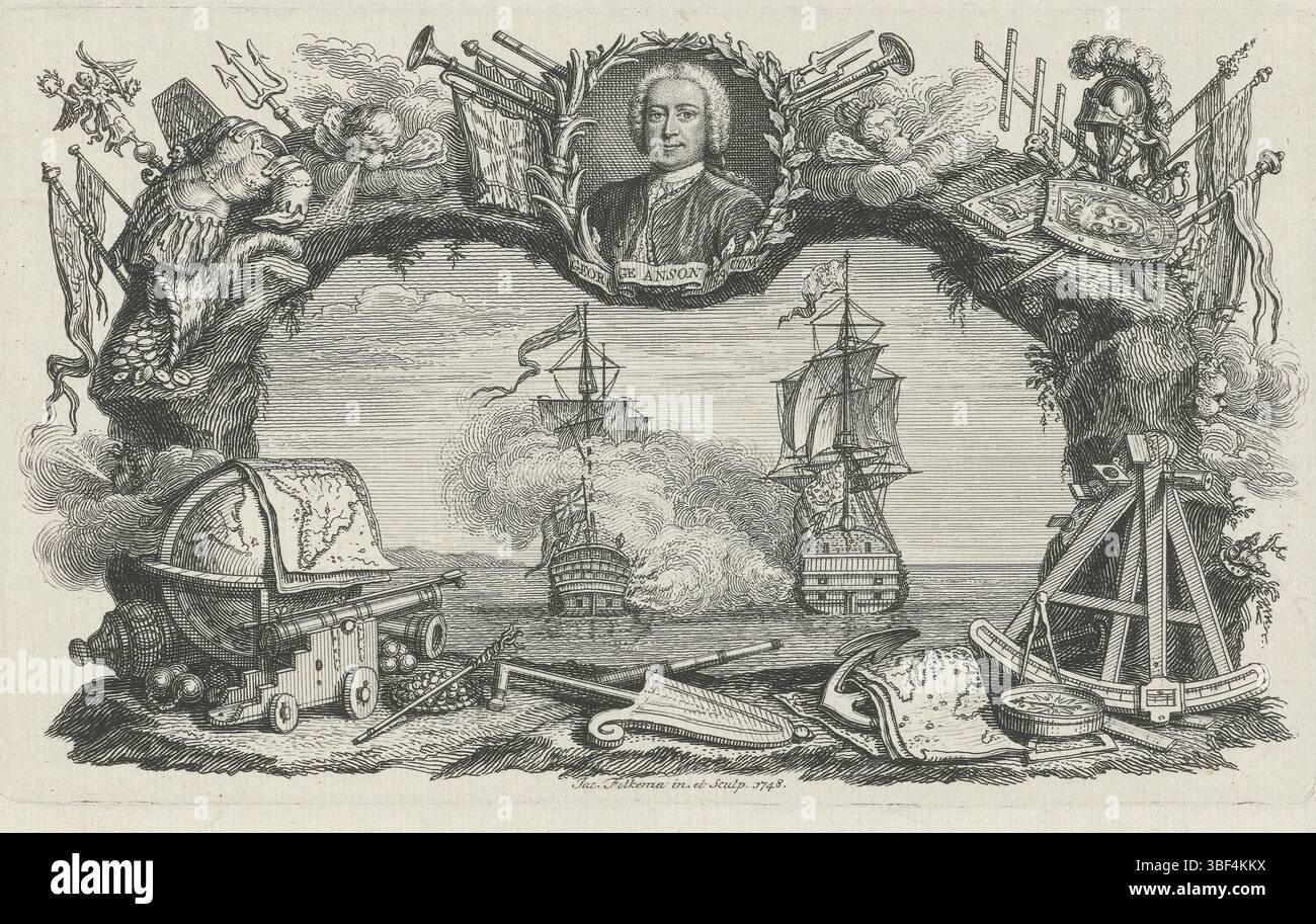 Folkema, Jacob, Folkema, Portrait of George Anson Above a Seattle, verso - gestempelt, Battle, umgeben von einer reich verzierten Liste, in der oben eine Porträtbüste in Oval links vom englischen Admiral George Anson steht. Im Vordergrund ist eine Kugel neben einer Kanone, rechten Messgeräten und einer Karte., Druck, Höhe 87 mm, Breite 144 mm, Niederländisch, 1692 - 1767, Druckmaschine, 1748 - 1748, Papier, Ätzen, Arbeitskonzeption, 1692 - 1767 Stockfoto