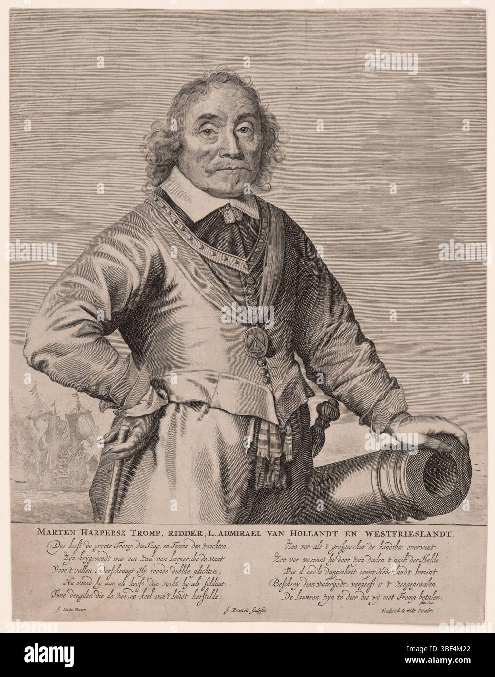 WIT, Frederik de, Vos, Jan, Lievens, Dalen, Cornelis van, Francois, Jean, Porträt von Admiral Maarten Harpertsz Tromp, verso - gestempelt, Porträt von Admiral Maarten Harpertsz Tromp. Seine Hand liegt auf dem Fass einer Schiffskanone. Im Rand ist sein Name und eine fünfzeilige Beschriftung in zwei Spalten. Druck, Porträt, Abzüge, Höhe 427 mm, Breite 331 mm, Drucker, 1645 - 1706, Papier, Gravur, Gravur (Druckverfahren), Arbeitskonzeption, nach Druck von, 1607-10-24-1674-06-04, danach, nach dem Malen von, Noord-Nederlands, 1610 - 1667, Autor, Publikation (Event), Veröffentlichung, 1631 - 1706 Stockfoto