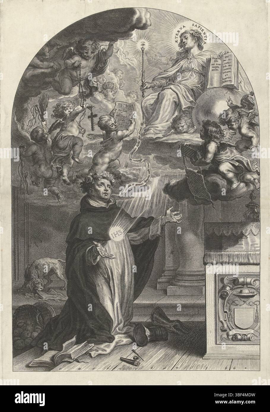 Antwerpen, Fruytiers, Philipp, kniete Dominikaner für einen Altar, wahrscheinlich Hendrik Seuse, Antwerpen, verso - gestempelt, der Dominikaner kniet vor einem Altar, wo zwei Engel über ihm fliegen. Es ist in eine Gewohnheit gehüllt, in der in seinem Herzen die Buchstaben IHS - Eesus Hominum Salvator, oder: Jesus, Retter der Menschheit - strahlen. Sein Kopf ist mit einem Blumenkranz verziert. Am Himmel über dem Jesuiten fliegen Engel mit verschiedenen Attributen. Rechts davon ist Aeterna Sapientia, Gottes ewige Weisheit, in ihrer linken Hand ein offenes Buch und in ihrer rechten Hand ein Stab, über dem das allsehende Auge leuchtet Stockfoto