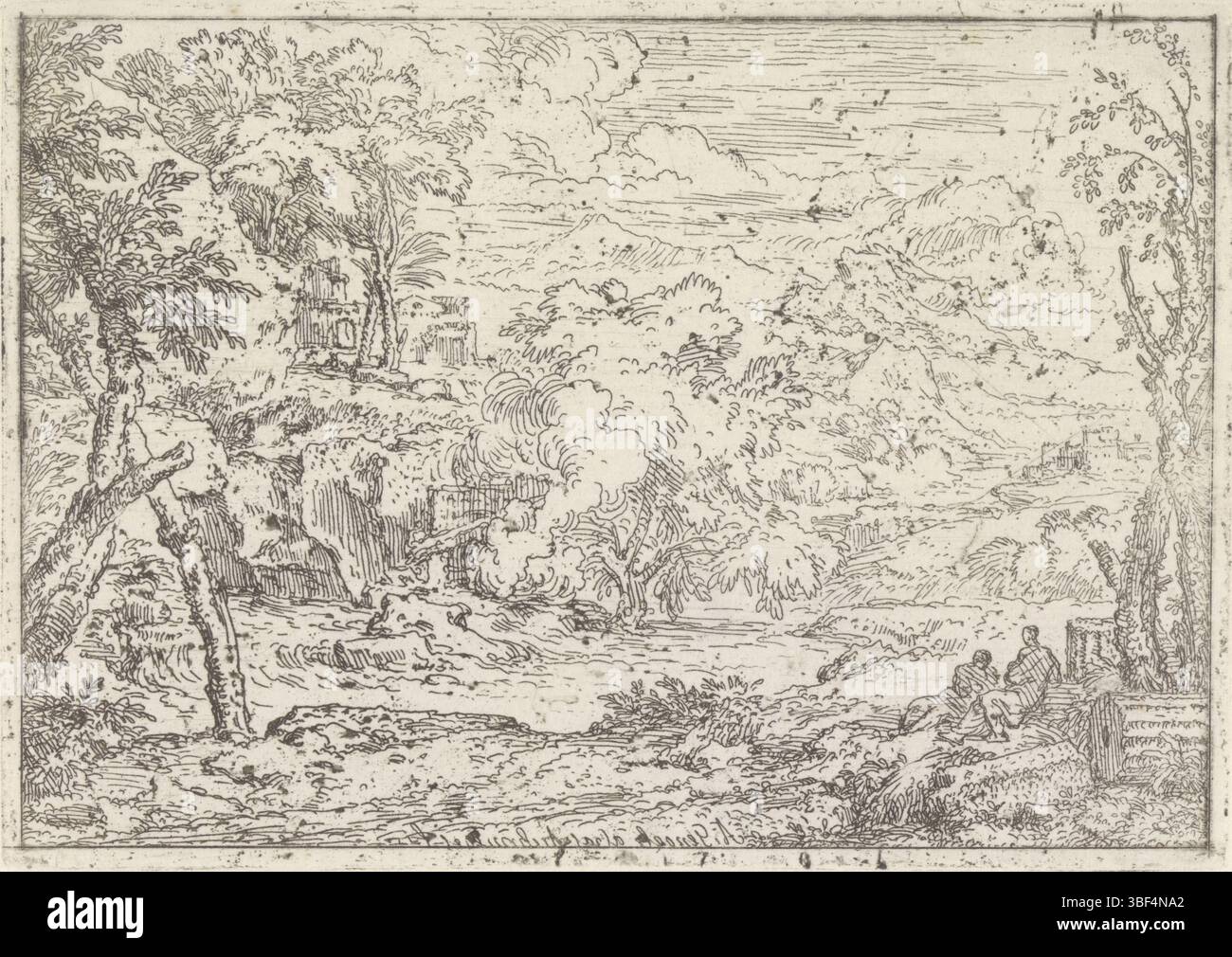 Genuels, Abraham, Paris, Genuels, Landschaft mit Ruinen, verso in der Mitte - gestempelt, Eine bergige Landschaft mit Ruinen aus der Antike. Im Vordergrund rechts ruhen zwei Figuren am Fuß einer gebrochenen Säule., Aufdruck, Höhe 94 mm, Breite 133 mm, 1640 - 1723-05-10, Drucker, 1650 - 1723, Papier, Ätzen, Arbeitskonzept, 10. Mai 1640 - 1723 Stockfoto Genuels, Abraham, Paris, Genuels, Landschaft mit Ruinen, verso in der Mitte - gestempelt, Eine bergige Landschaft mit Ruinen aus der Antike. Im Vordergrund rechts ruhen zwei Figuren am Fuß einer gebrochenen Säule., Aufdruck, Höhe 94 mm, Breite 133 mm, 1640 - 1723-05-10, Drucker, 1650 - 1723, Papier, Ätzen, Arbeitskonzept, 10. Mai 1640 - 1723 Stockfoto