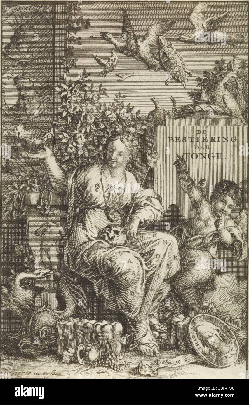 Utrecht, Water, Willem van de, Goeree, Jan, Amsterdam, Bestiering der lange, Homepage für Richard Allestree, Argumentation over de bestiering van de lang, 1714, Allegorie op de Speech, Utrecht, in der Mitte die sitzende Personifikation von Voraak, gekleidet in einem Kleid, auf dem das Alphabet und zwei Ohren. In ihr war ein Schädel. Ein Putto steht neben ihr und legt ihm einen Finger auf die Lippen, das Zeichen der Stille. Hinter ihm ein Stein mit dem Titel des Buches. Im Vordergrund ein ovales Medaillon mit dem Porträt von Pythagoras. Vögel fliegen am Himmel. Zwei Vögel tragen einen langen Stock. Eine Schildkröte hat sich in diesem stic selbst gebissen Stockfoto