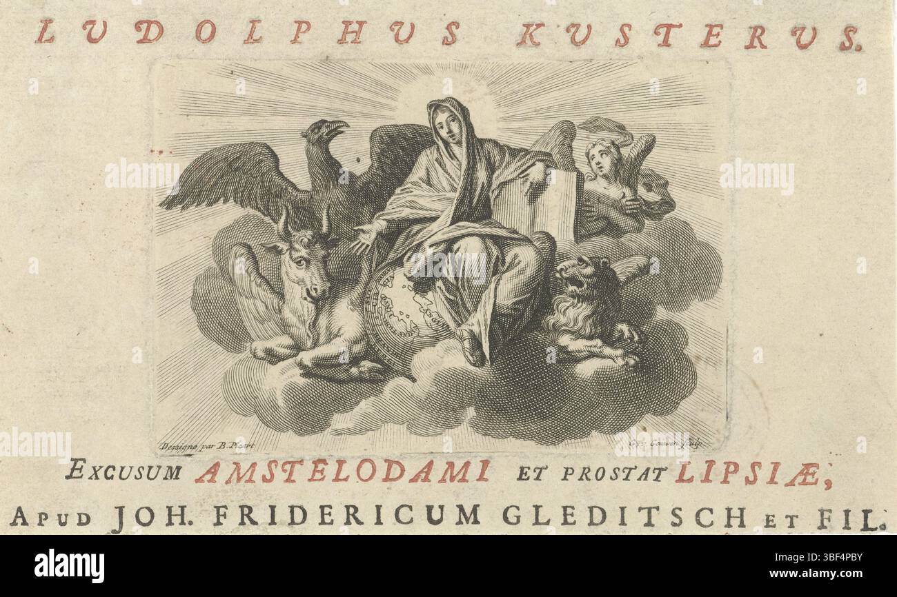 Amsterdam, Gleditsch, J.H., Picart, Bernard, Amsterdam, Gouwen, Gilliam van der, Homepage für Ludolph Küster, Maria und die vier apokalyptischen Tiere, hinten links unten - gestempelt, Titelseite mit Maria in der Mitte auf einem Globus in den Wolken. Um sie herum die vier apokalyptischen Tiere, drucken, Titelseite, Drucken, Breite 115 mm, Höhe, 78 mm, South-Nederlands - 1740, Printmaker, 1723 - 1723, Papier, Gravur, Gravur (Druckverfahren), Buchdruck, North-Nederlands, 11. 06. 1673 - 08. 05. 1733, fortgeschrittener Verfasser, nach Zeichnung, Veröffentlichung (Veranstaltung), Publikation, Pub Stockfoto
