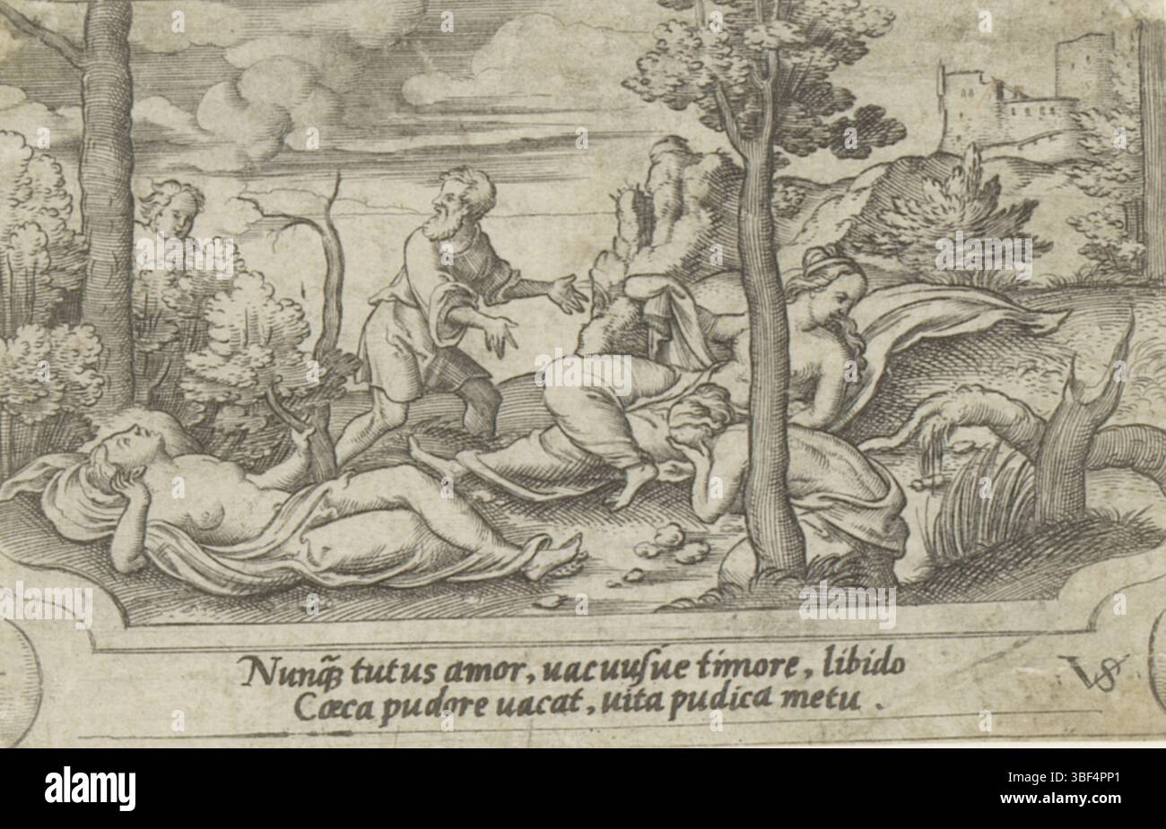 Nürnberg, Solis, Virgil, mythologische Szenen, Persönlichkeiten der Liebe, Lust und Keuschheit, rückwärts - handgeschrieben in brauner Tinte, Druck, rückwärts - gestempelt, 71, Höhe 58 mm, Breite 90 mm, Deutsch, 1514 - 1562-08-01, Drucker, 1524 - 1562, Papier, Gravieren, Gravieren (Druckverfahren), Ätzen, Tellerton Stockfoto