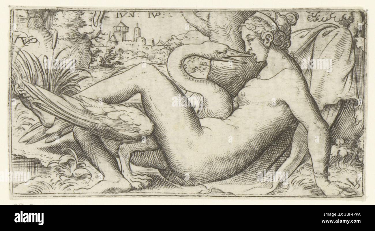 Nürnberg, Solis, Virgilius, Leda und der Schwan, verso - handgeschrieben in brauner Tinte, Druck, verso - gestempelt, 108, Höhe 50 mm, Breite 95 mm, Drucker, 1524 - 1612, Papier, Gravur, Gravur (Druckverfahren), Bogenton, Werkkonzeption, Deutsch, 1514 - 01.08.1562 Stockfoto