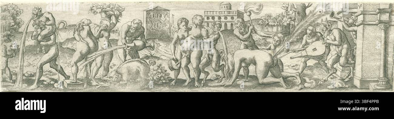 Nürnberg, Solis, Virgil, drei Pommes Frites mit Bacchanals, Bacchanal mit Erbrechen saters, verso - handgeschrieben in brauner Tinte, Druck, verso - gestempelt, 23, Höhe 58 mm, Breite 246 mm, Deutsch, 1514 - 1562-08-01, Drucker, 1524 - 1562, Papier, Gravieren, Gravieren (Druckverfahren), Ätzen, Tellerton Stockfoto