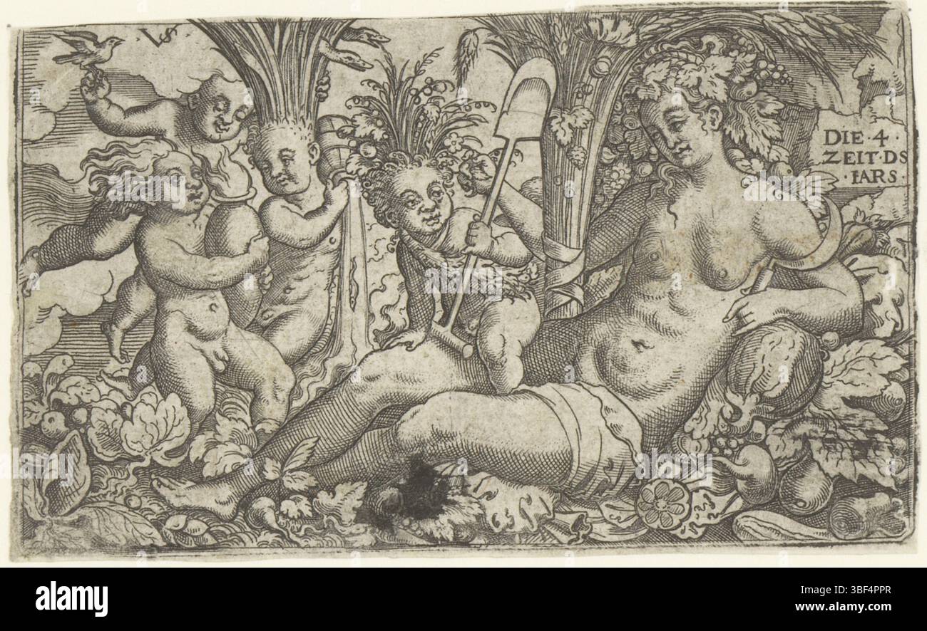 Nürnberg, Solis, Vergil, Personifikation der Erde mit vier Putten als die vier Elemente, verso - handgeschrieben in brauner Tinte, Druck, verso - gestempelt, 122, Höhe 80 mm, Breite 133 mm, Deutsch, 1514 - 1562-08-01, Drucker, 1524 - 1562, Papier, Gravieren, Gravieren (Druckverfahren), Ätzen, Tellerton Stockfoto