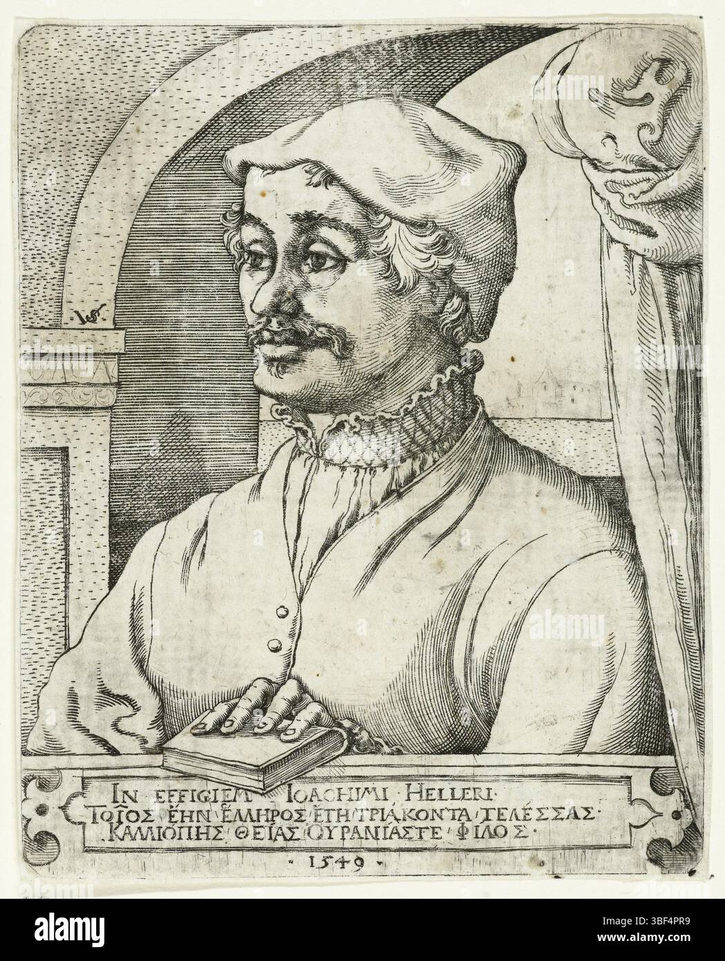 Nürnberg, Solis, Virgil, Porträt von Joachim Heller mit Buch, rückwärts - handgeschrieben in brauner Tinte, Druck, rückwärts - gestempelt, 105, Höhe 122 mm, Breite 97 mm, Deutsch, 1514 - 1562-08-01, Drucker, 1524 - 1562, Papier, Gravur, Gravur (Druckprozess), Tellerton Stockfoto