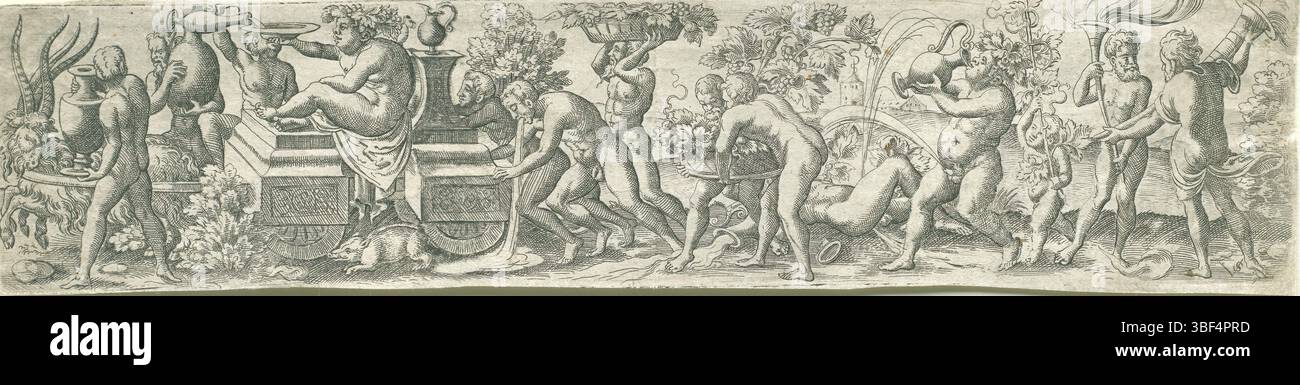 Nürnberg, Solis, Virgil, drei Pommes Frites mit Bacchanalen, Triumph des Bacchus, Verso - handgeschrieben in brauner Tinte, Druck, Verso - gestempelt, 23, Höhe 58 mm, Breite 245 mm, Deutsch, 1514 - 1562-08-01, Drucker, 1524 - 1562, Papier, Gravieren, Gravieren (Druckverfahren), Ätzen, Tellerton Stockfoto