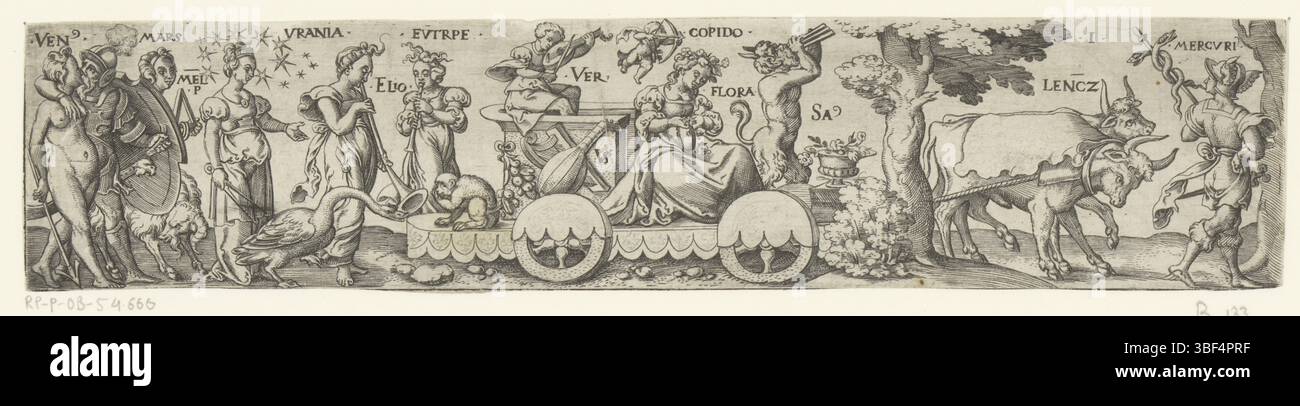 Nürnberg, Solis, Virgilius, Allegorien der Jahreszeiten, Frühlingssieg, Verso - handgeschrieben in brauner Tinte, nummeriert oben rechts: 1., Druck, Verso - gestempelt, 22, Höhe 53 mm, Breite 245 mm, Deutsch, 1514 - 1562-08-01, Drucker, 1524 - 1562, Papier, Gravieren, Gravieren (Druckverfahren), Ätzen, Tellerton Stockfoto