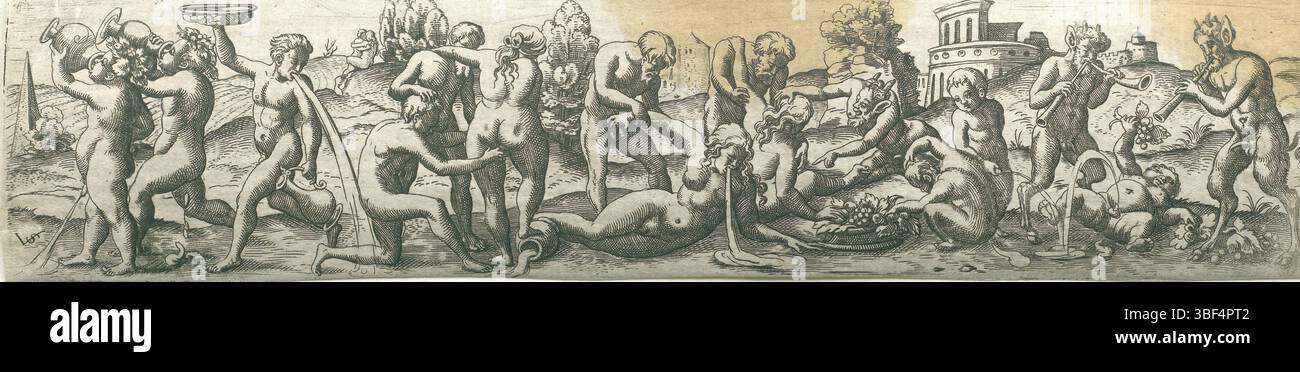 Nürnberg, Solis, Virgil, drei Pommes Frites mit Bacchanals, Bacchanal mit Sattern und Brechfiguren, rückwärts - handgeschrieben in brauner Tinte, Druck, rückwärts - gestempelt, 23, Höhe 55 mm, Breite 245 mm, Deutsch, 1514 - 1562-08-01, Drucker, 1524 - 1562, Papier, Gravieren, Gravieren (Druckverfahren), Ätzen, Tellerton Stockfoto