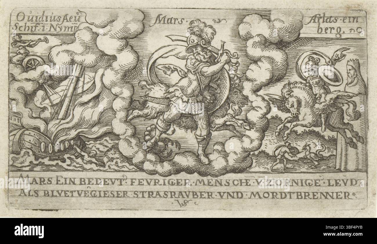 Nürnberg, Solis, Virgil, Personalisierungen von Planeten, Mars, Mars mit Aries und Skorpio (Tierkreiszeichen), rückwärts - handgeschrieben in brauner Tinte, Druck, rückwärts - gestempelt, 52, Höhe 63 mm, Breite 111 mm, Deutsch, 1514 - 1562-08-01, Drucker, 1524 - 1562, Papier, Gravieren, Gravieren (Druckverfahren), Ätzen, Tellerton“ Stockfoto