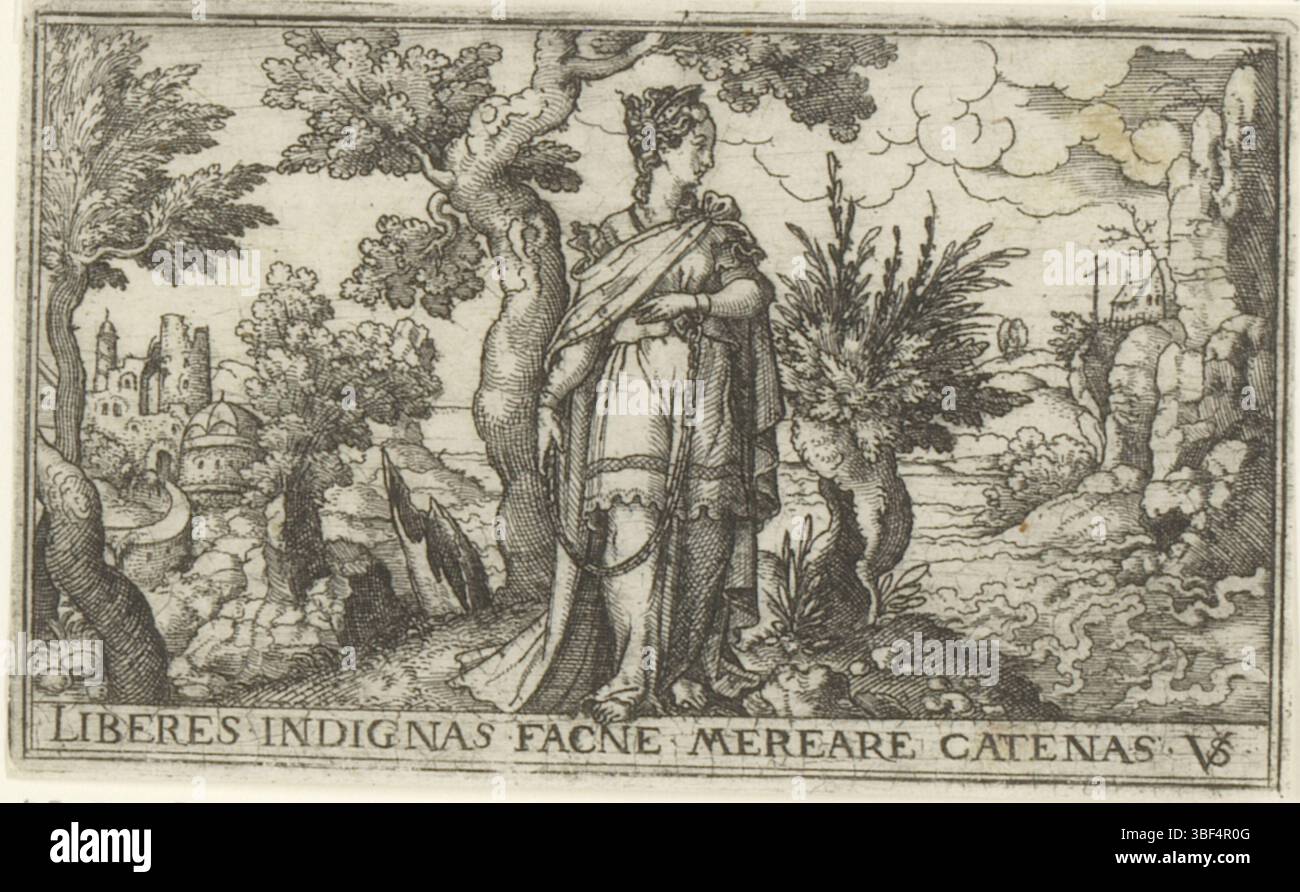 Nürnberg, Solis, Virgil, weibliche Allegorien in Landschaften, Gefängnis, verso - handgeschrieben in brauner Tinte, Druck, verso - gestempelt, 72, Höhe 53 mm, Breite 86 mm, Deutsch, 1514 - 1562-08-01, Drucker, 1524 - 1562, Papier, Gravieren, Gravieren (Druckverfahren), Ätzen, Tellerton“ Stockfoto