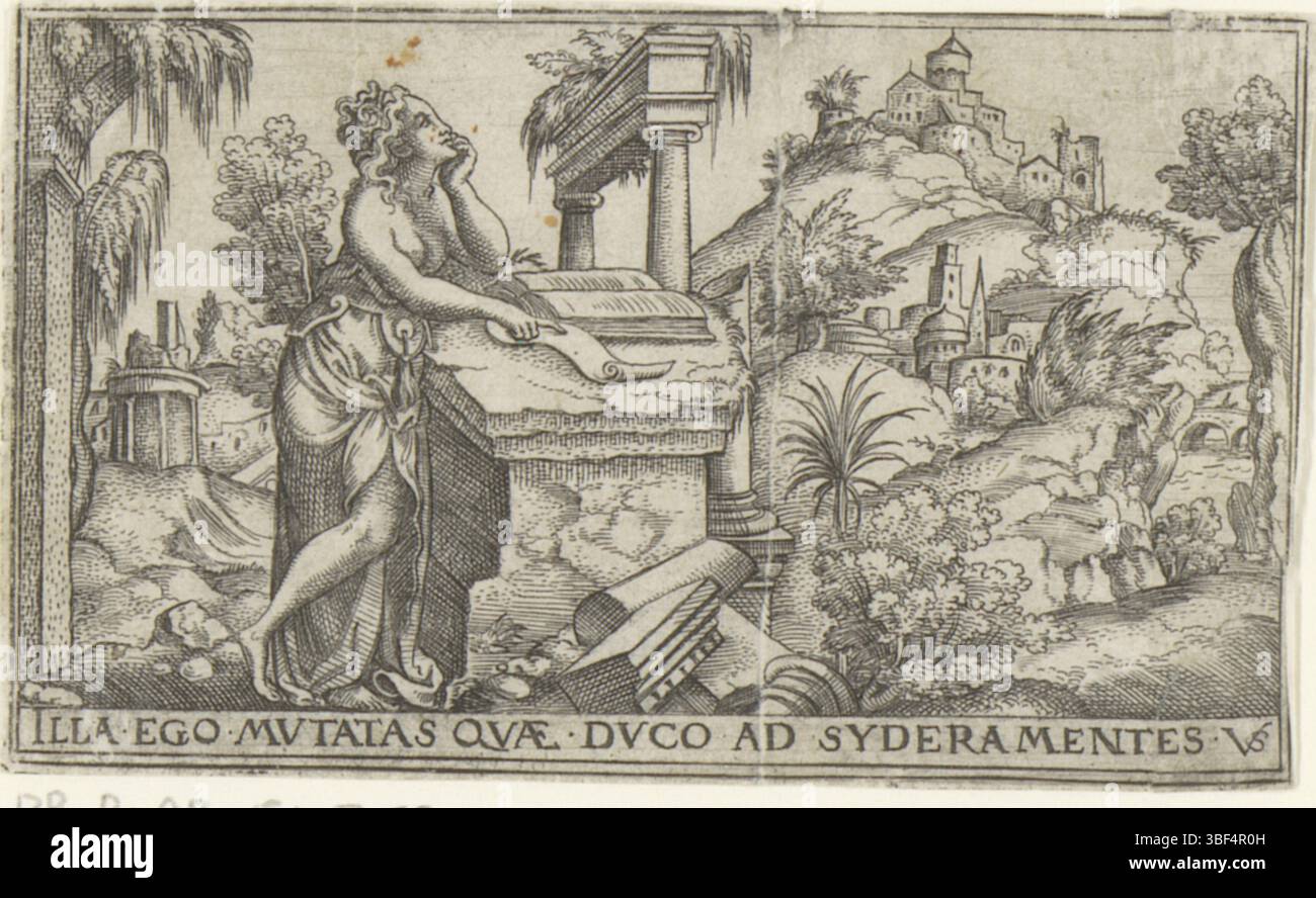 Nürnberg, Solis, Virgil, weibliche Allegorien in Landschaften, Bildende Künste, Verso - handgeschrieben in brauner Tinte, Druck, verso - gestempelt, 72, Höhe 52 mm, Breite 85 mm, Deutsch, 1514 - 1562-08-01, Drucker, 1524 - 1562, Papier, Gravieren, Gravieren (Druckverfahren), Ätzen, Tellerton Stockfoto