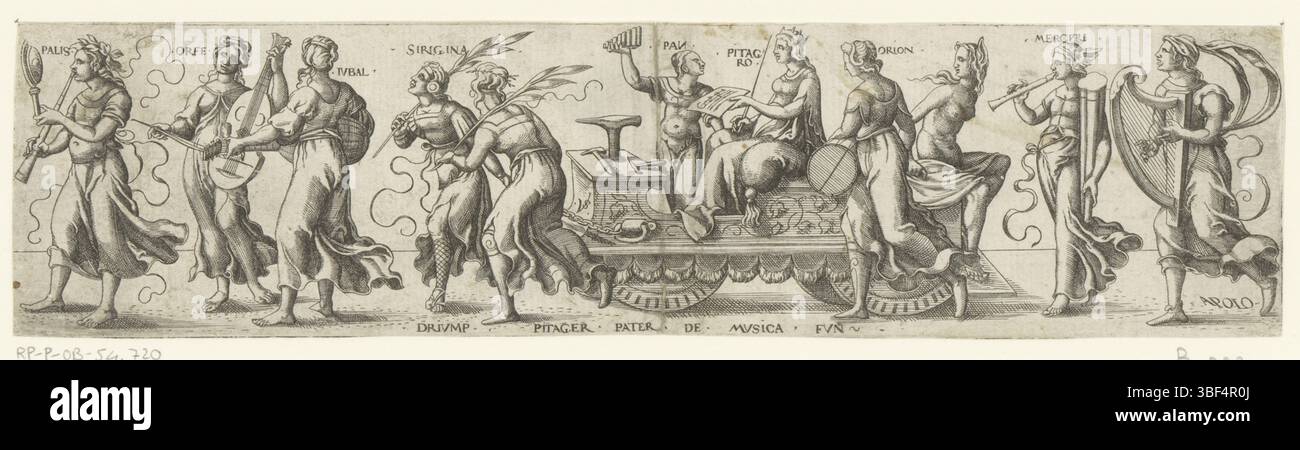 Nürnberg, Solis, Virgil, Triumph mit musikalischen mythologischen Figuren, Verso - handgeschrieben in brauner Tinte, Druck, Verso - gestempelt, 21, 2, 48, Höhe 57 mm, Breite 233 mm, Deutsch, 1514 - 1562-08-01, Drucker, 1524 - 1562, Papier, Ätzen, Tellerton Stockfoto