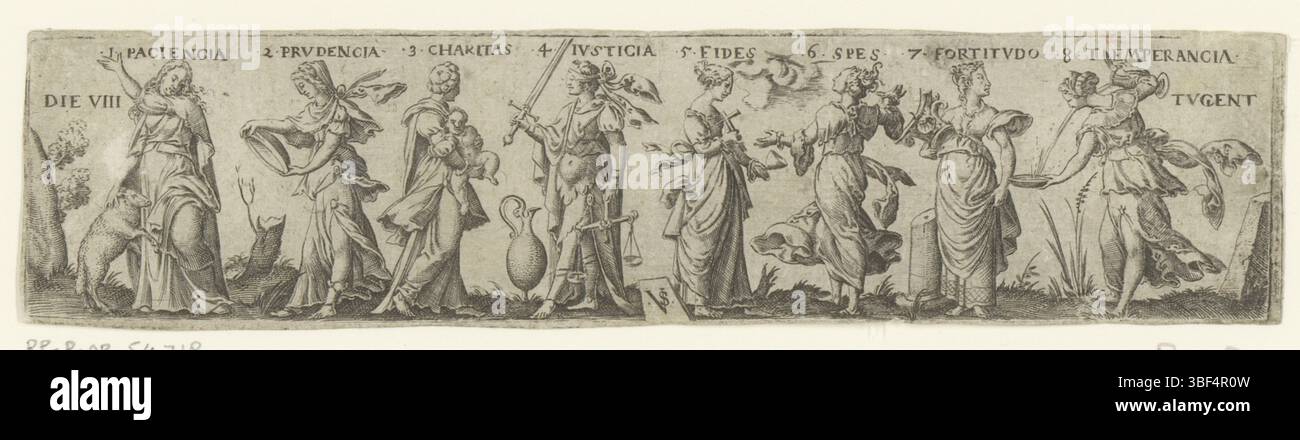 Nürnberg, Solis, Virgil, Pommes Frites mit Schriftzeichen von acht Tugenden, rückwärts - handgeschrieben in brauner Tinte, Druck, rückwärts - gestempelt, 16, Höhe 43 mm, Breite 178 mm, Deutsch, 1514 - 1562-08-01, Drucker, 1524 - 1562, Papier, Gravieren, Druckverfahren, Ätzen, Tellerton“ Stockfoto