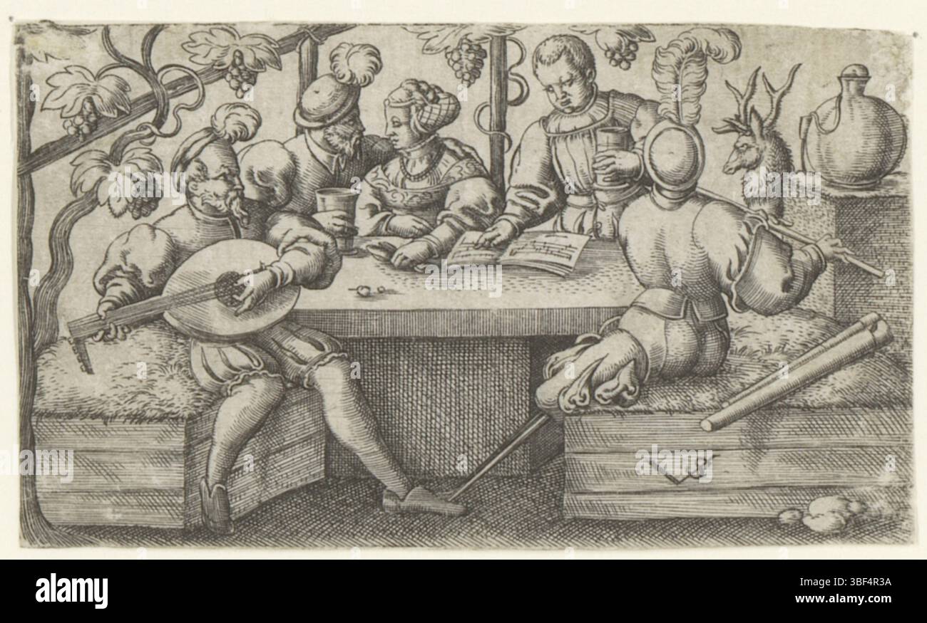 Nürnberg, Solis, Virgil, Szenen mit Trinkfiguren, vier Männer und eine Frau trinken und musizieren, Verso - handgeschrieben in brauner Tinte, Druck, Verso - gestempelt, 135, Höhe 50 mm, Breite 85 mm, Deutsch, 1514 - 1562-08-01, Drucker, 1524 - 1562, Papier, Gravieren, Gravieren (Druckverfahren), Ätzen, Tellerton Stockfoto