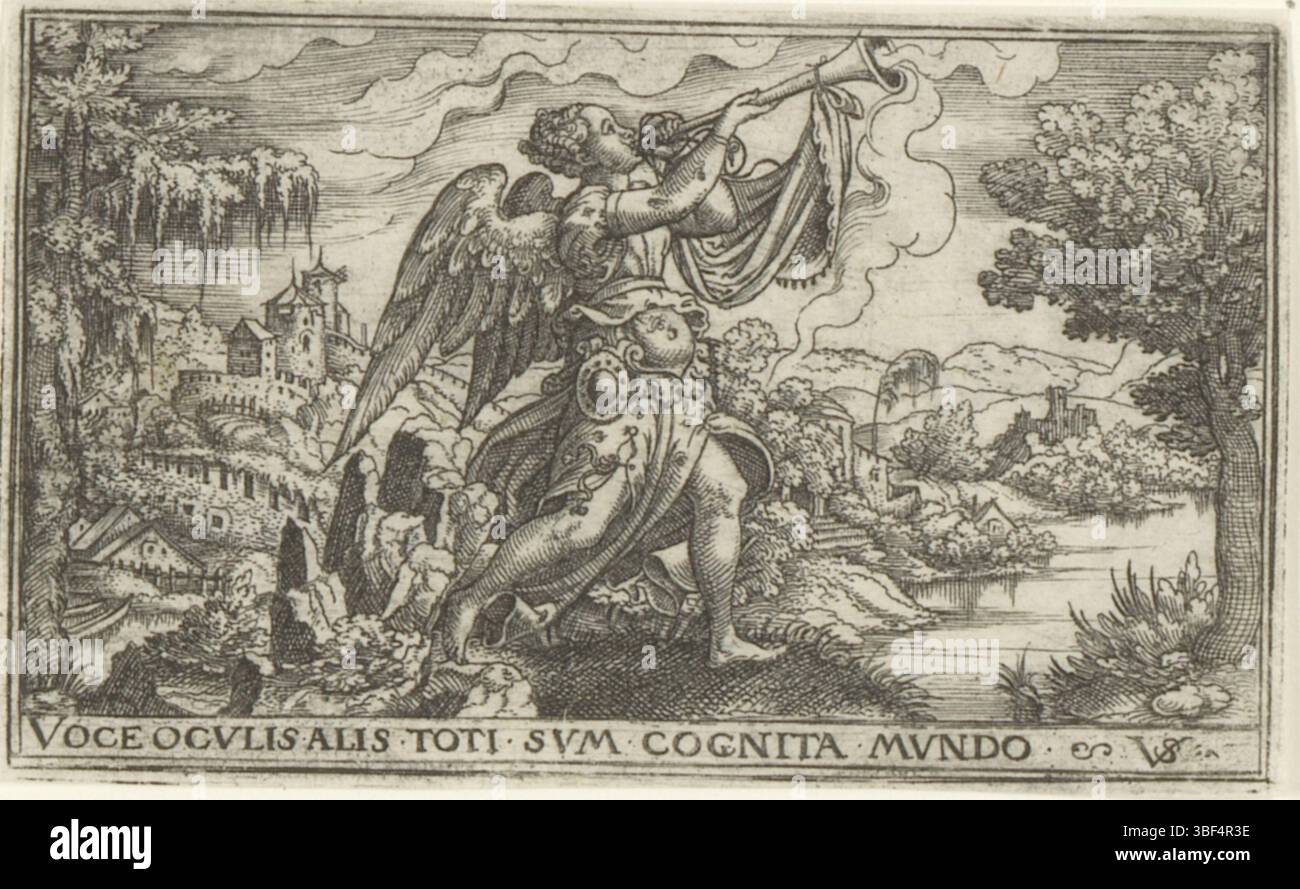 Nürnberg, Solis, Virgil, weibliche Allegorien in Landschaften, Faam, verso - handgeschrieben in brauner Tinte, Druck, verso - gestempelt, 72, Höhe 53 mm, Breite 87 mm, Deutsch, 1514 - 1562-08-01, Drucker, 1524 - 1562, Papier, Gravieren, Druckverfahren, Ätzen, Tellerton“ Stockfoto