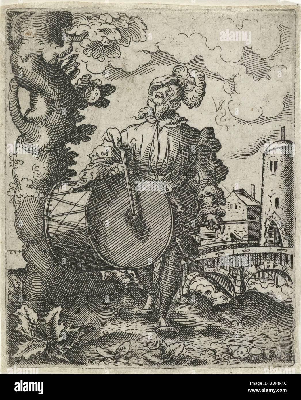 Nürnberg, Solis, Virgilius, Landsknechten, Trommelaar, rückseitig - handgeschrieben in brauner Tinte, Druck, rückseitig - gestempelt, 146, Höhe 109 mm, Breite 87 mm, Deutsch, 1514 - 1562-08-01, Drucker, 1524 - 1562, Papier, Gravieren, Druckverfahren, Ätzen, Tellerton“ Stockfoto