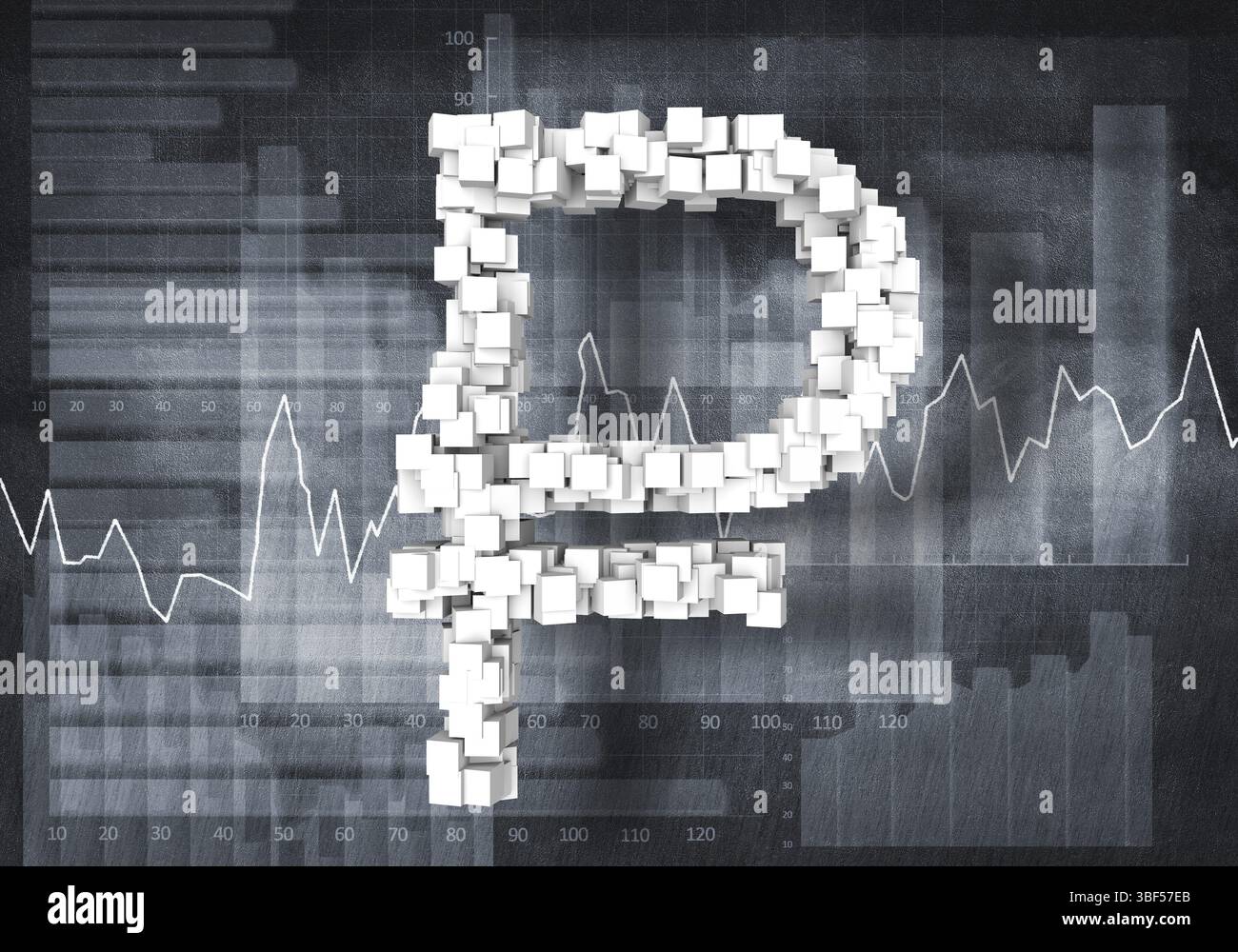 Großes Rubel-Währungssymbol auf Diagrammen und Diagrammhintergrund, 3D-Rendering Stockfoto