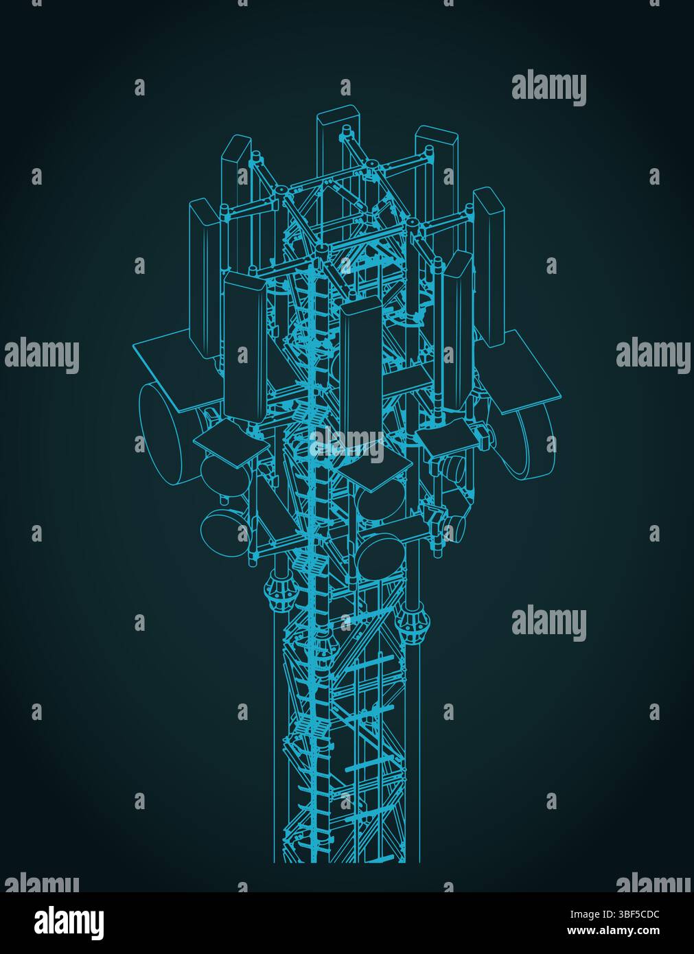 Hohe Telekommunikationsturm isometrische Blaupausen, stilisierte Vektorillustration Stock Vektor