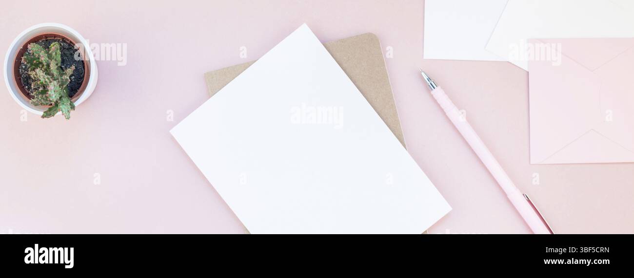 Lange breite Fahne von Arbeitsbereich Schreibtisch gestalteten Design Büromaterial und Kakteen Sukkulenten mit Kopie Raum tausendjährigen rosa Farbe Papier Hintergrund minima Stockfoto