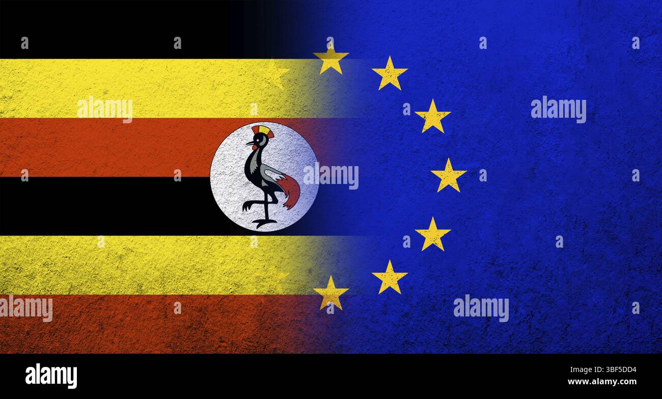 Flagge der Europäischen Union mit Republik Uganda Nationalflagge. Grungen Hintergrund Stockfoto