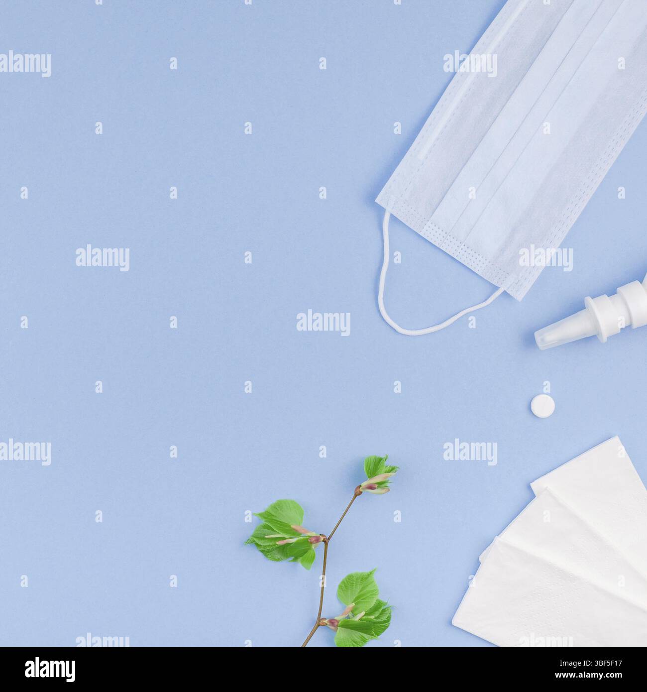 Kreative flach Konzept der saisonale Frühling Pollenallergie mit Servietten, Pillen, Gesichtsmaske, Tropfen in eine Flasche und frisches Grün sprießt mit Knospen. Squar Stockfoto