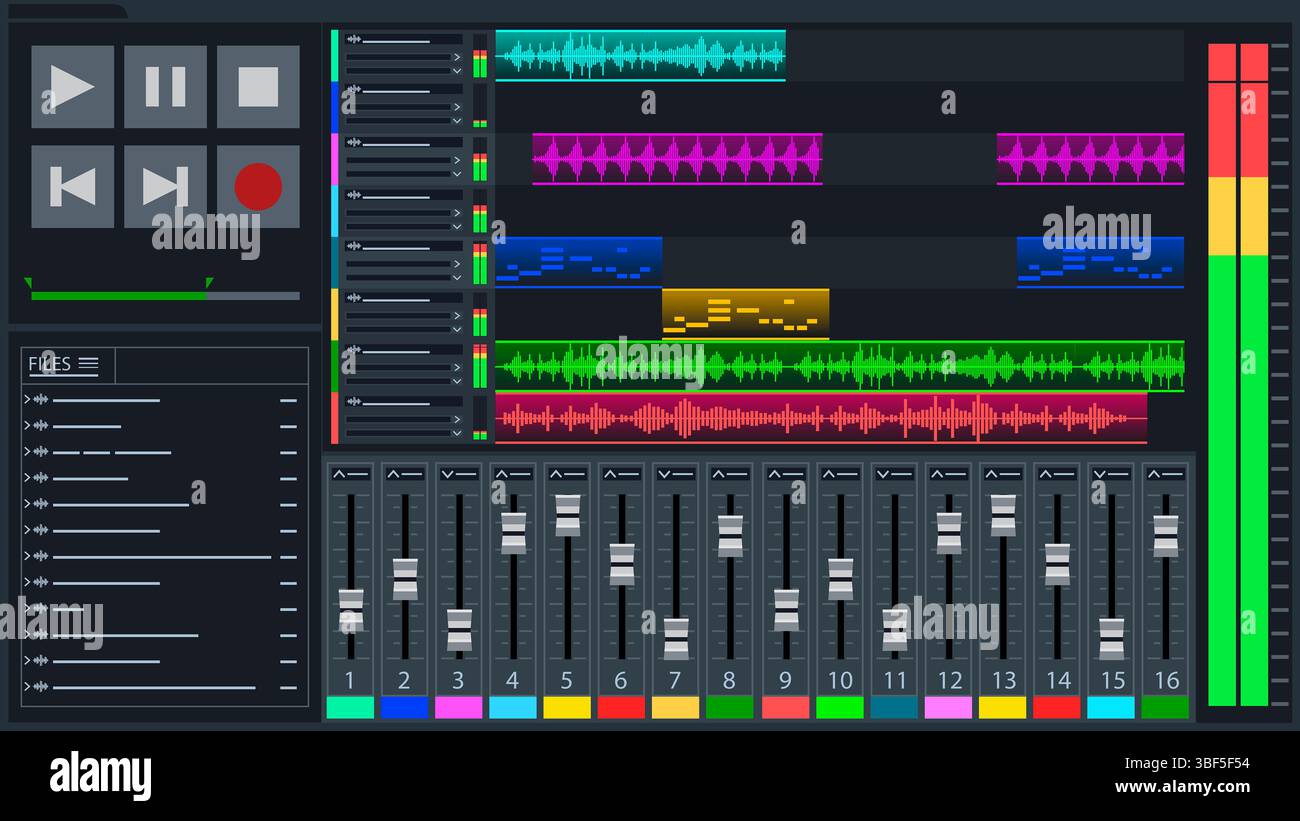 Schnittstelle für digitale Audio-Workstation. Musikproduktions- und Bearbeitungssoftware Stockfoto
