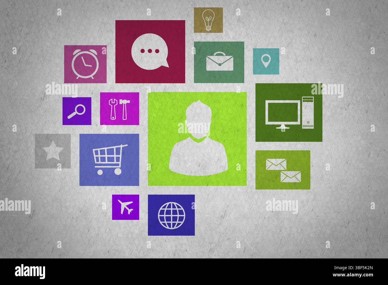 Gruppe von bunten Programmsymbole auf Wand Hintergrund Stockfoto