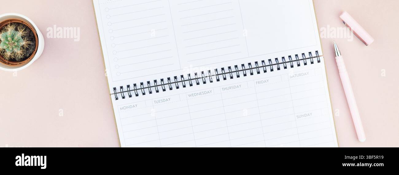 Lange breite Fahne von Arbeitsbereich Schreibtisch gestalteten Design Büromaterial und Kakteen Sukkulenten mit Kopie Raum tausendjährigen rosa Farbe Papier Hintergrund minima Stockfoto