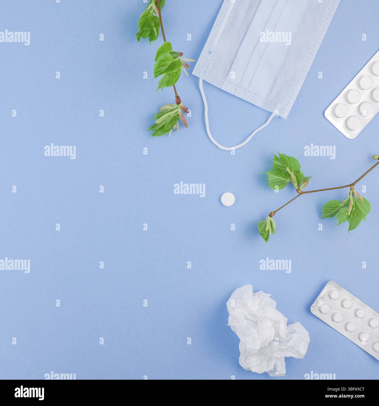 Kreative flach Konzept der saisonale Frühling Pollenallergie mit Servietten, Pillen, Gesichtsmaske, Tropfen in eine Flasche und frisches Grün sprießt mit Knospen. Squar Stockfoto