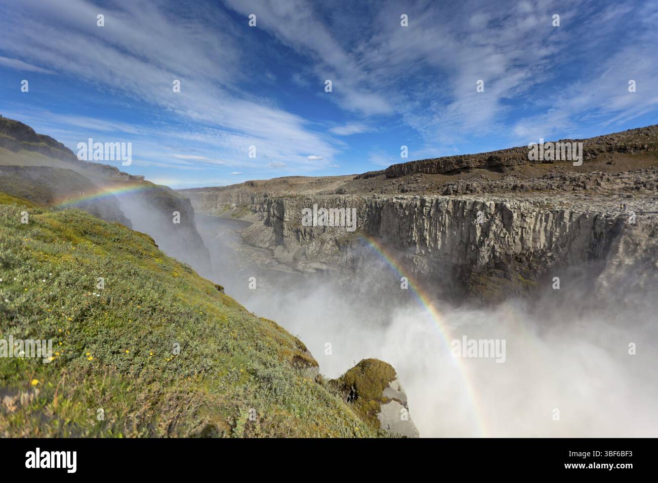 Wasserfall Dettifoss in Island unter einem blauen Himmel mit Wolken. Horizontalen Schuss Stockfoto