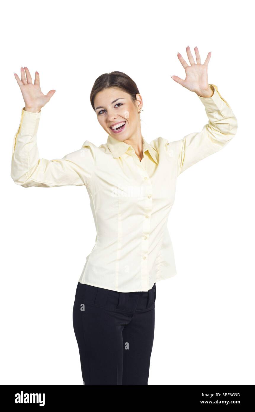Attraktive junge Brünette Geschäftsfrau genießt die Leistungen . Isoliert vor weißem Hintergrund Stockfoto