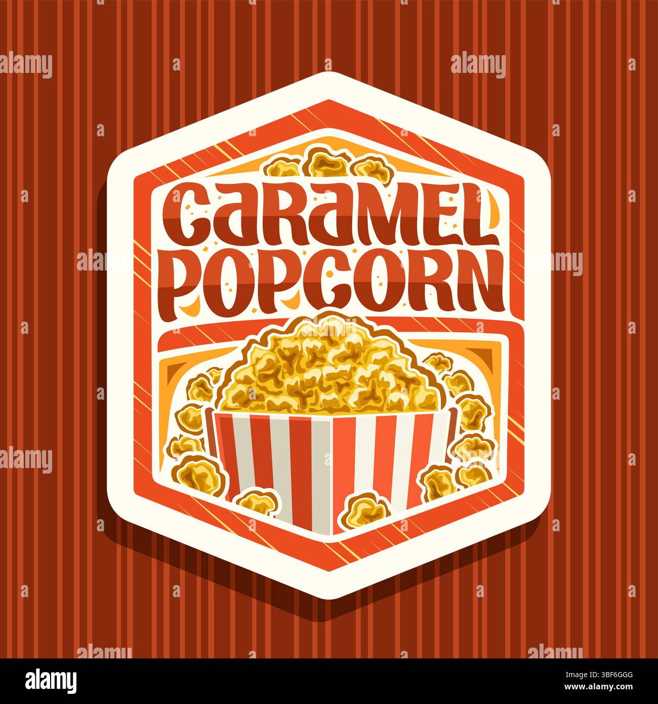Vektor-Logo für Caramel Popcorn, weiße dekorative Schild mit Zeichentrickdesign Mais Popcorn in großer Pappschale, quadratisches Poster mit einzigartigem Llett Stock Vektor