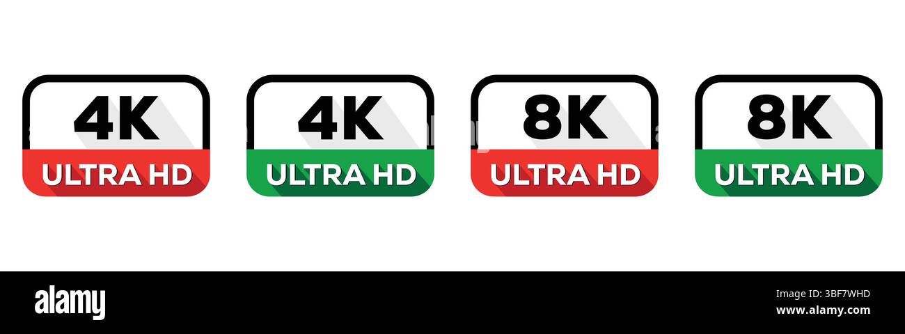 4K 8K Ultra HD Resolution Tags Set für Display und Streaming Stock Vektor