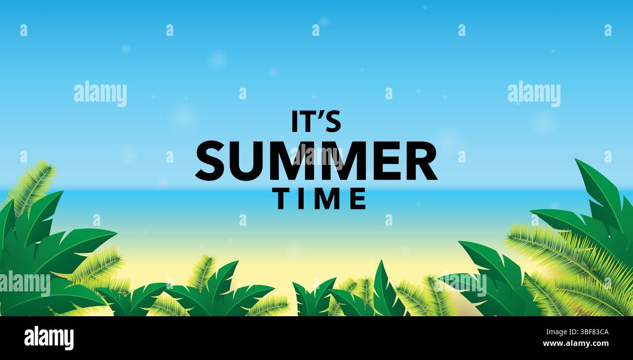 Sommerbanner mit Blumen exotische Palmen hinterlässt Meeresblau Stock Vektor