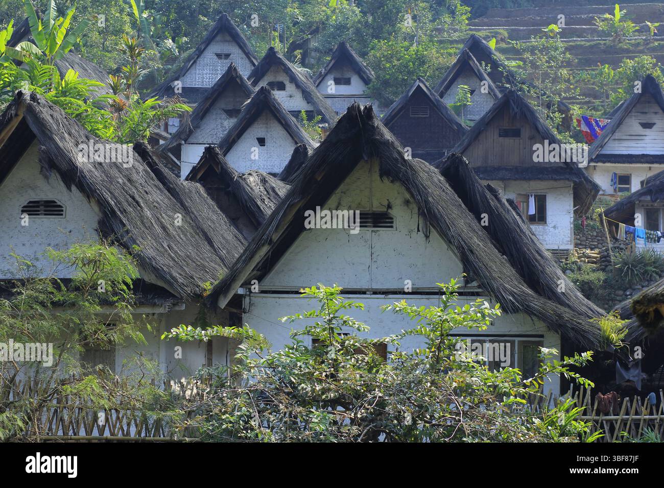 Architektonische Gebäude in Kampung Naga mit Palmfaserdächern, einer sundanischen Siedlung, die noch immer den Gewohnheitsgesetzen ihrer Vorfahren folgt. Stockfoto