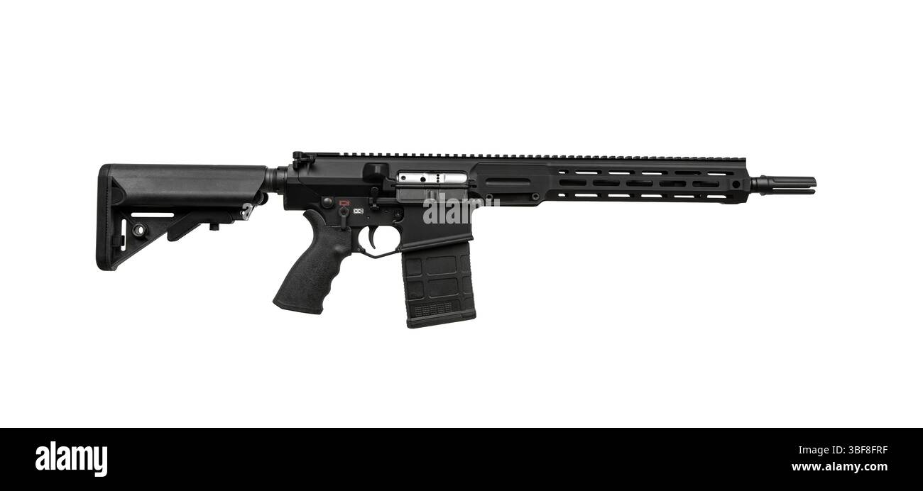 Modernes Gewehr im AR-15-Stil mit M-LOK Handschutz, Teleskopschaft und Blitzschutz. Stockfoto