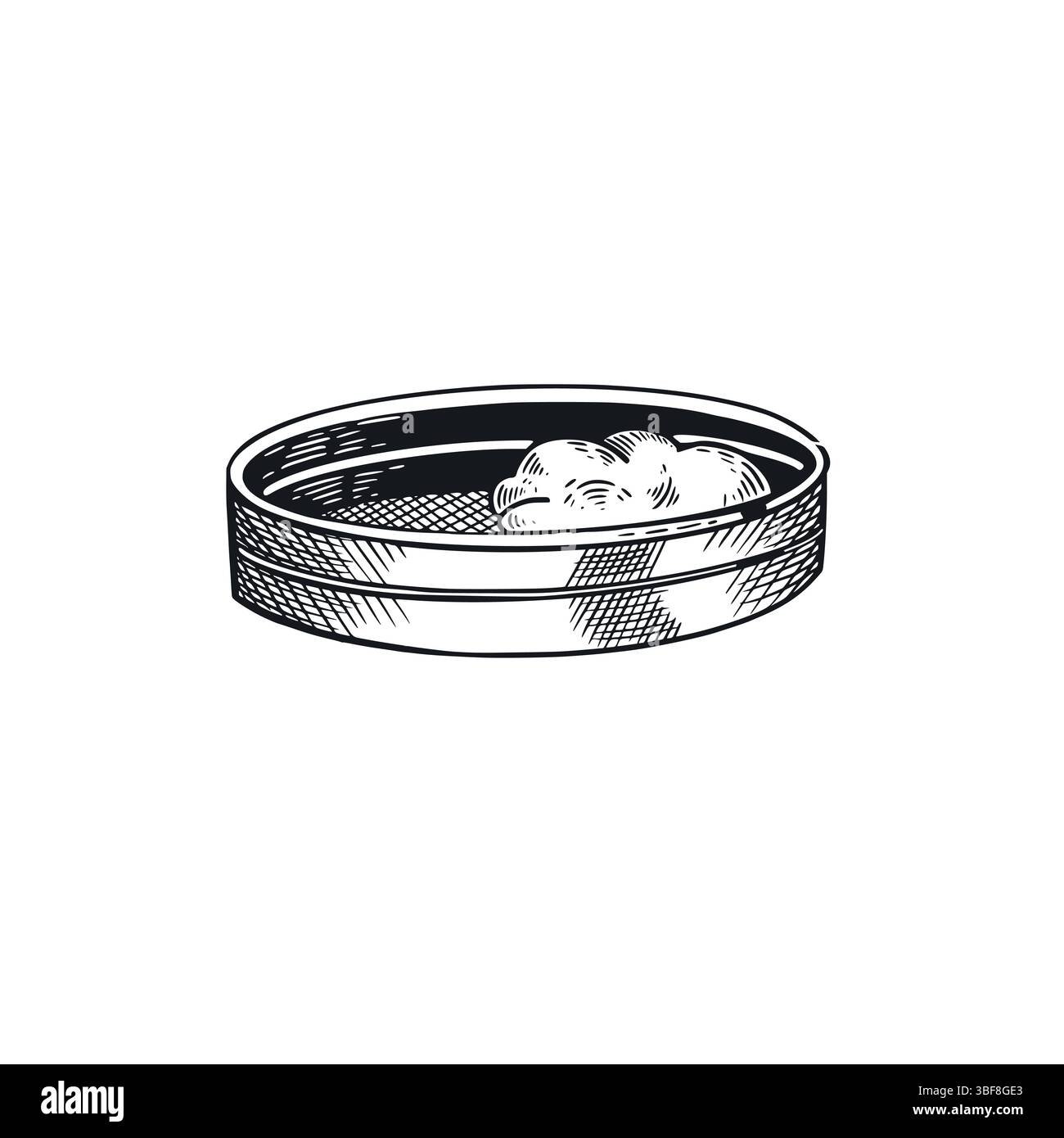 Sieb zum Sieben von Mehl, handgezeichnet im Vektor in dunkelgrauer Farbe. Vektorabbildung. Geeignet zum Bedrucken auf Stoff, Papier, für Lebensmittelverpackungen Stock Vektor