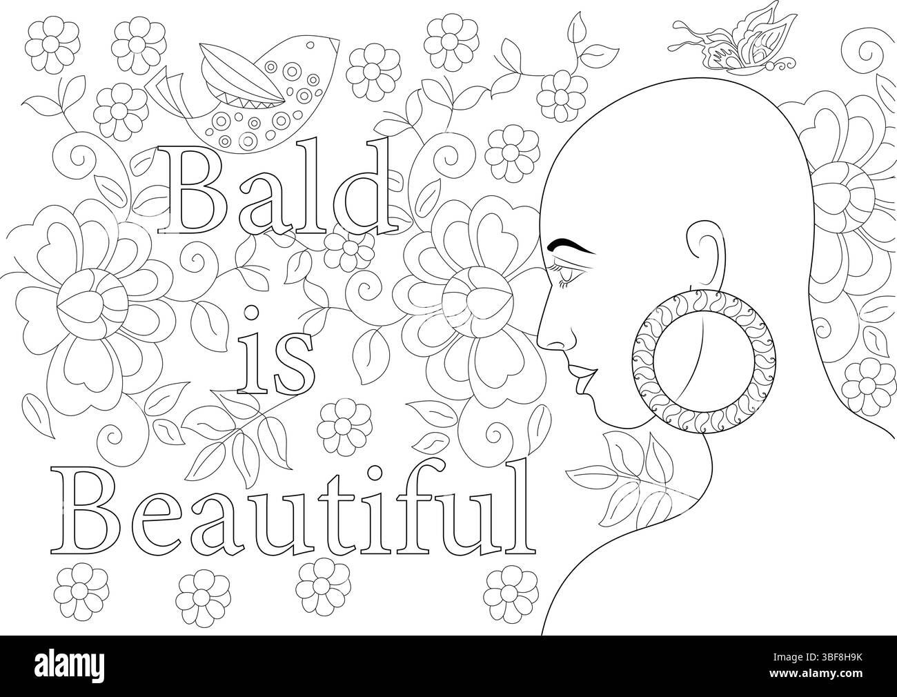 Eine eindrucksvolle Lineargrafie mit dem Profil einer kahlköpfigen Frau, umgeben von Naturelementen wie Blumen, einem Vogel und einem Schmetterling Stock Vektor