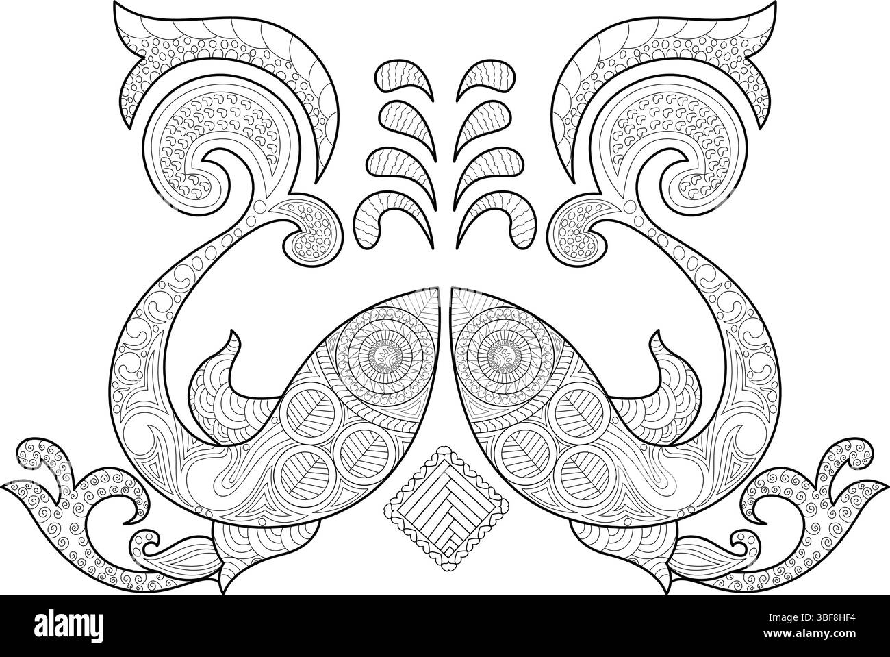 Eine schwarz-weiße Strichgrafik-Illustration mit hochstilisierten, symmetrischen Fisch- oder Meeresbewohnern, gefüllt mit komplizierten Mustern, geeignet für c Stock Vektor