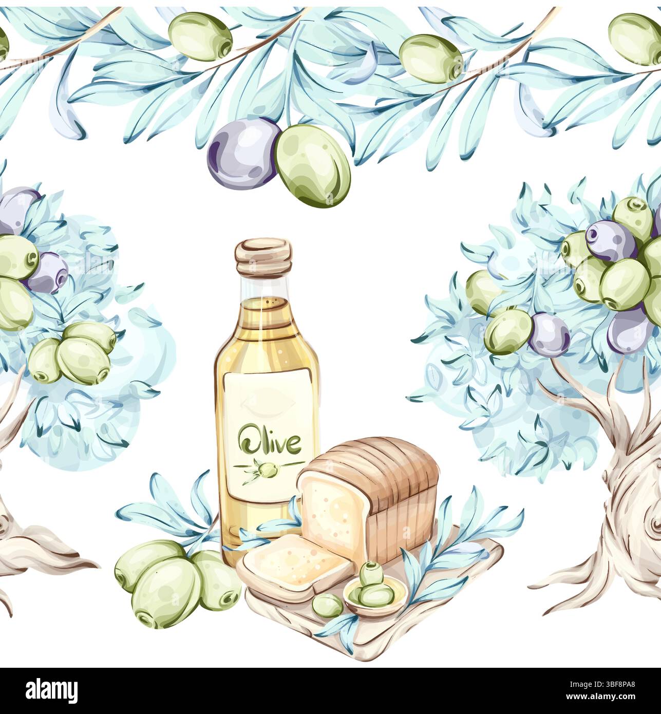 Oliven und Olivenöl umrahmt von einem nahtlosen Muster aus Grün und Brot, das die Essenz der italienischen Küche, Natur und Ernährung zelebriert Stock Vektor